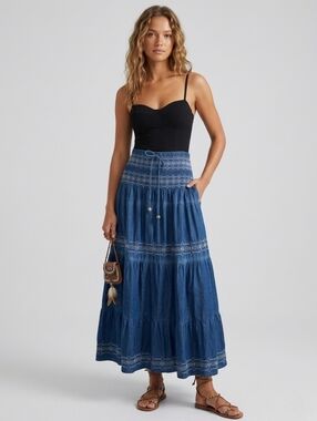 Advance Apparels Bohemian Denim Skirt - Tiered, Smocked, Bead Detail ,Free Size